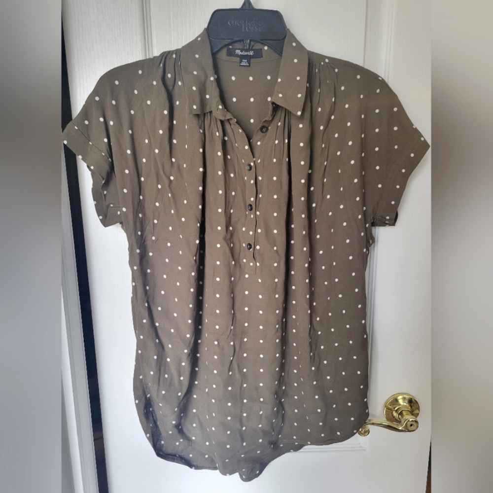 Madewell Central Drapey Popover Oversized Collared Shirt Green White Dot XXS